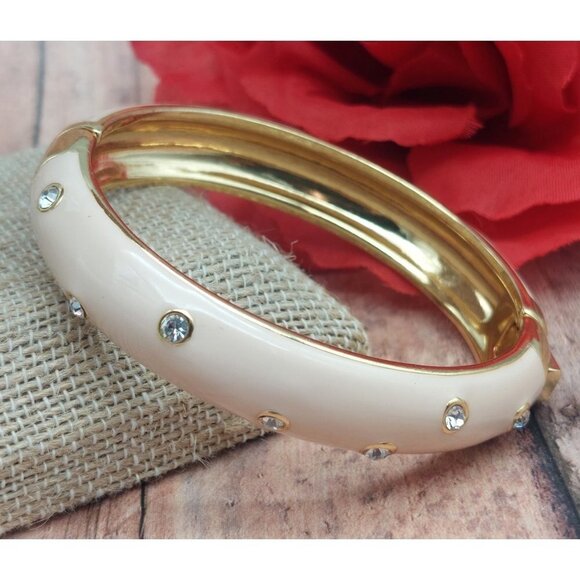 Beautiful J.Crew Gold Tone Light Pink Hinged Bangle Bracelets Crystal Accents - Picture 1 of 10